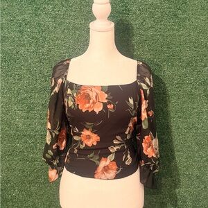 Floral Black Blouse with Orange Accents